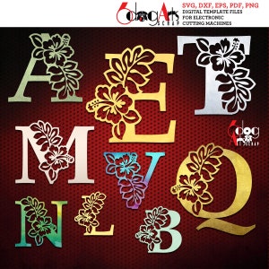 A-Z Hibiscus flor monograma letras del alfabeto SVG DXF imágenes digitales vinilo metal papel corte Cricut cnc láser descargar JB-1896