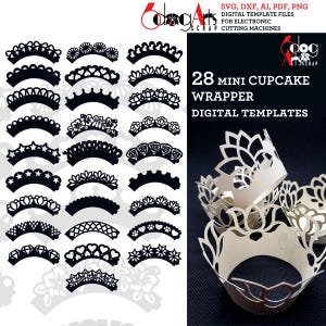 28 plantillas de envoltorios para mini cupcakes, archivos digitales vectoriales SVG, DXF, láser, silueta, Cricut, papel, manualidades, suministros para fiestas JB-1869