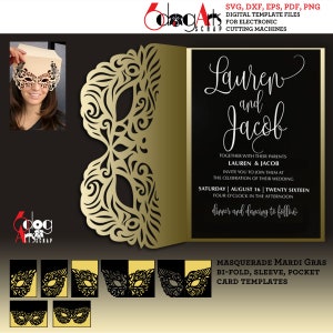 Modelos de cartão de bolso de manga dupla para baile de máscaras, arquivos vetoriais SVG DXF digitais, convite de casamento, corte a laser, download JB-1717
