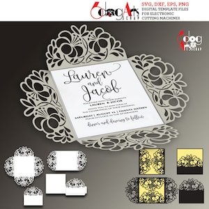 4 Florale Spitze Kartenvorlagen Digitaler Schnitt SVG DXF-Dateien Hochzeitseinladung Briefpapier Laser Schneidbare Download Silhouette Cricut JB-885c