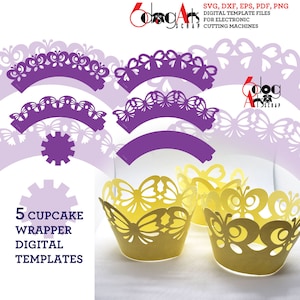5 plantillas de envolturas de cupcakes con forma de mariposa, archivos digitales vectoriales SVG, DXF, suministros para fiestas láser, silueta, Cricut, papel, manualidades, corte JB-1395