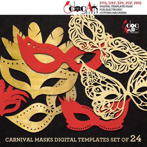 24 Venetian Carnival Masks Mardi Gras Masquerade Vector Digital Files Svg Dxf Silhouette Cricut Download GlowForge Laser Cutting JB-2056