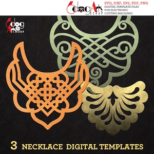 May include: Three digital templates for necklaces. The designs are intricate and feature a variety of geometric shapes. The templates are available in SVG, DXF, EPS, PDF, and PNG formats.