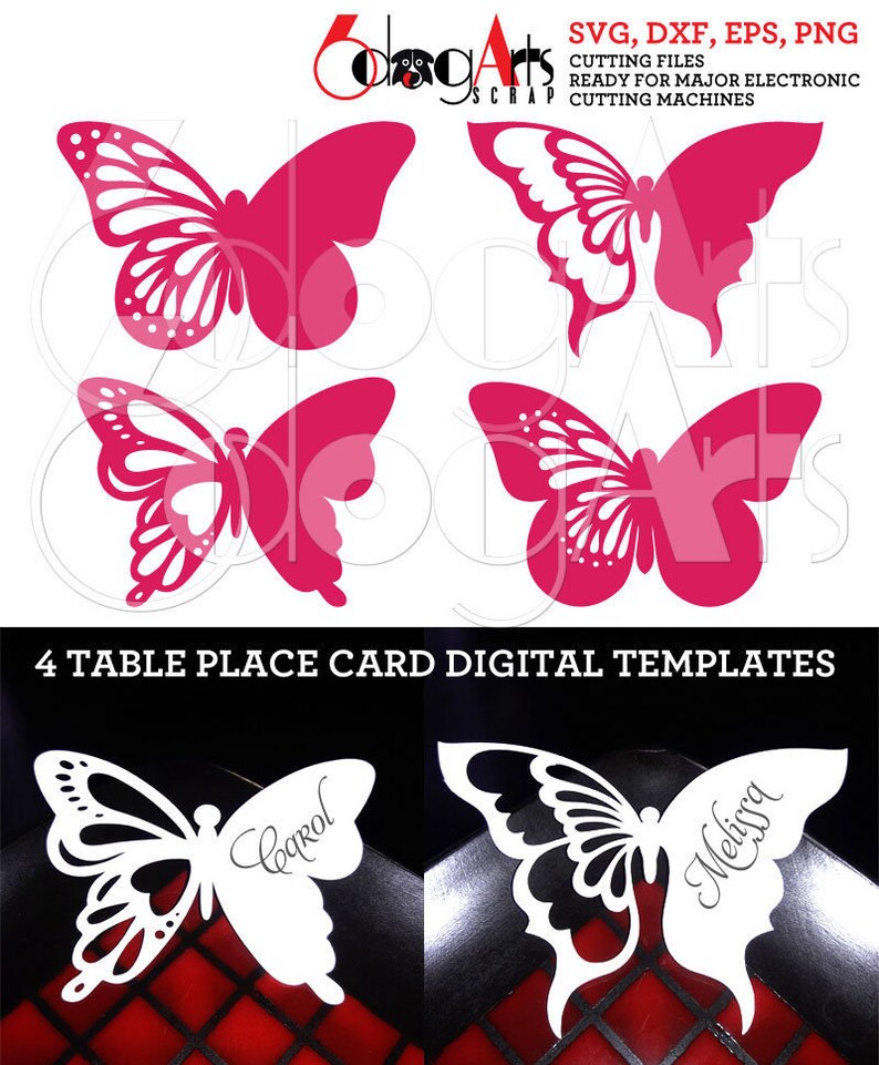 May include: Four digital templates for table place cards featuring a butterfly design. The butterflies are white with intricate cutouts and are shown with the names "Carol" and "Melissa" written on them.