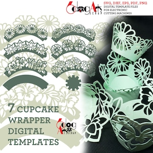 7 plantillas de envolturas de cupcakes con diseño floral, archivos digitales vectoriales SVG, DXF, láser, silueta, Cricut, papel, manualidades, suministros para fiestas JB-1932