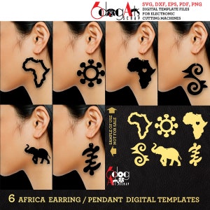 6 modelli di orecchini/ciondoli in legno/acrilico/pelle di arte popolare africana, file di gioielli SVG DXF digitali vettoriali, taglio laser JB-1127