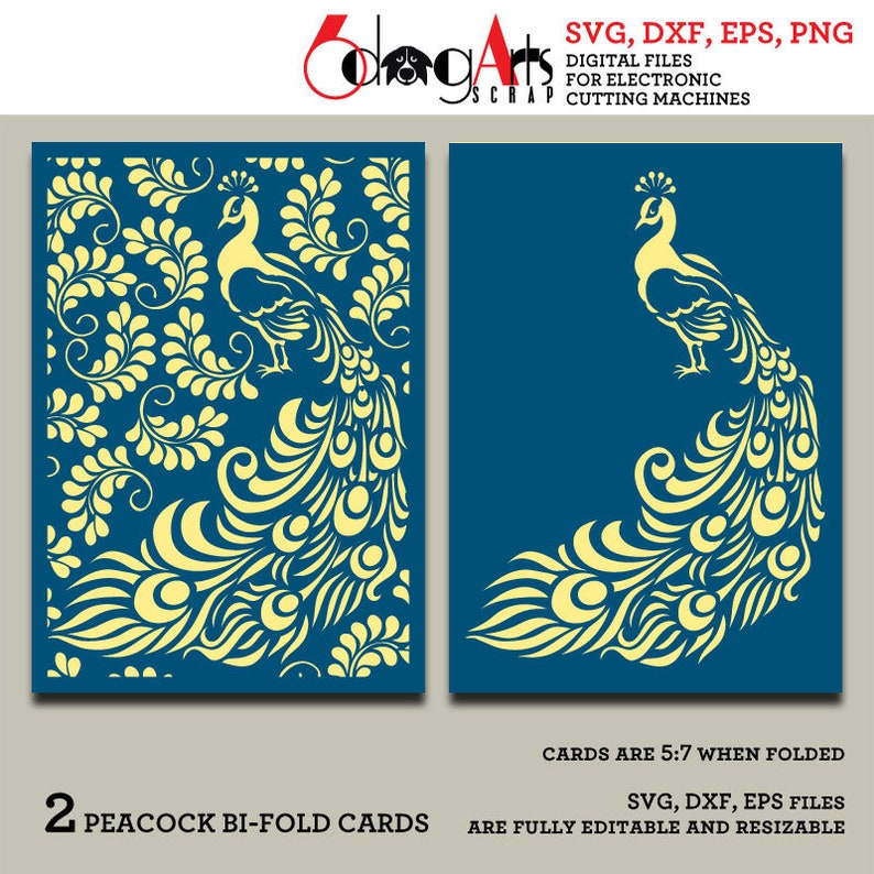 May include: Two peacock bi-fold cards with a blue background and yellow peacock designs. One card features a peacock with a detailed tail and the other has a peacock with a floral pattern. The cards are 5:7 when folded. The image also includes text that says "SVG, DXF, EPS, PNG" and "DIGITAL FILES FOR ELECTRONIC CUTTING MACHINES."