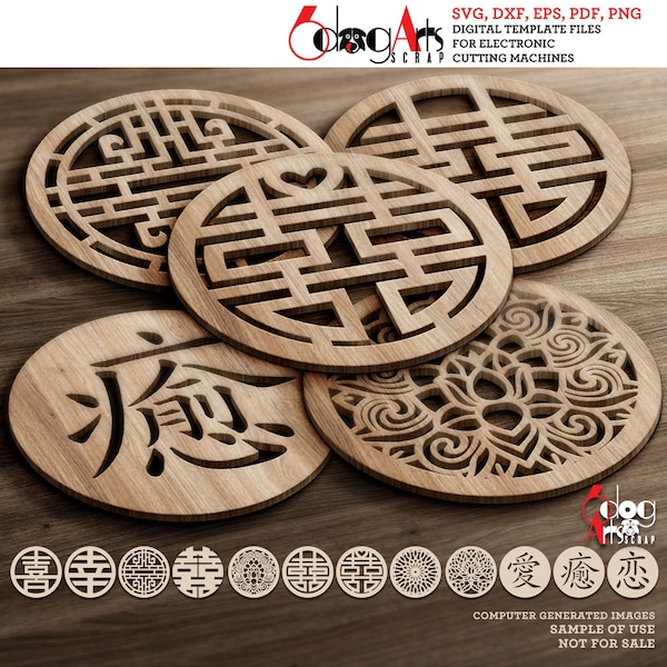 12 Chinese Japanese Kanji Coaster Grill Home Decor Templates Vector Digital SVG DXF Files Download Laser Cutting Plasma Cricut Maker JB-1677