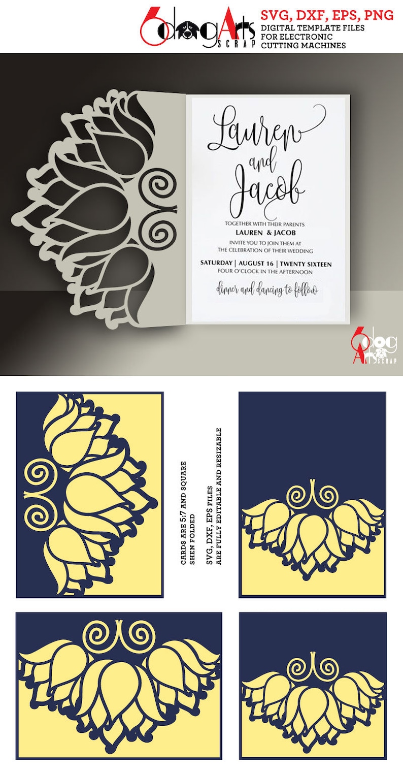 May include: A wedding invitation with a floral design. The invitation is for Lauren and Jacob and is set for August 16th. The invitation is a digital template file for electronic cutting machines.