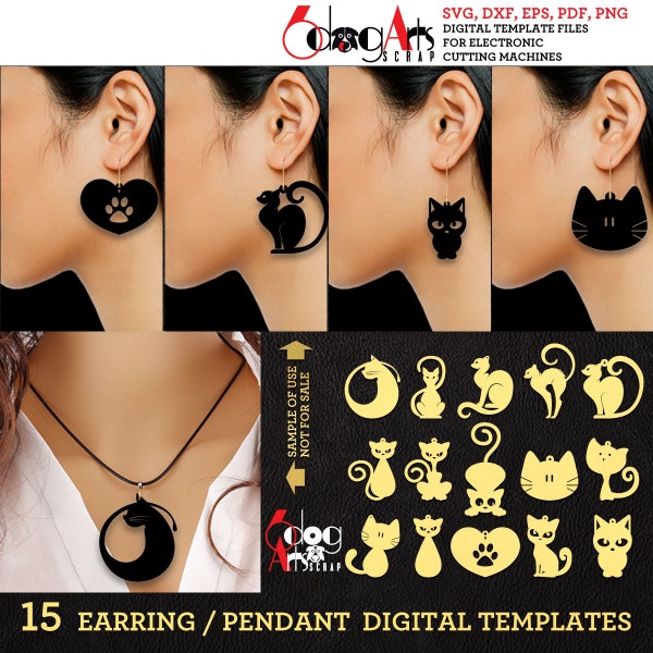 15 Cat Wood / Acrylic / Metal Earring / Pendant Digital Templates Vector Digital SVG DXF Jewelry Laser Files JB-1644