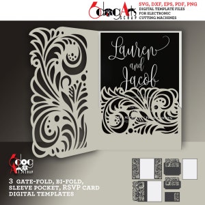 May include: A digital template for a wedding invitation with a gate-fold, bi-fold, sleeve pocket, and RSVP card. The design features a black and white floral pattern with the names "Lauren and Jacob" in a script font.