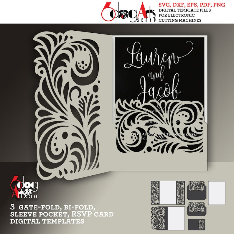 May include: A digital template for a wedding invitation with a gate-fold, bi-fold, sleeve pocket, and RSVP card. The design features a black and white floral pattern with the names "Lauren and Jacob" in a script font.