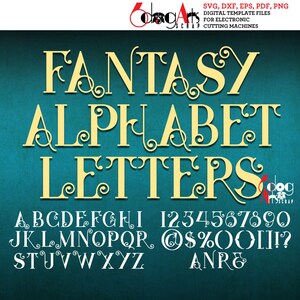 Alfabeto de fantasía SVG DXF Imágenes vectoriales Fuente de monograma rizado Letras cortables Vinilo Hierro en transferencia de prensa de calor Silueta Cricut JB-711