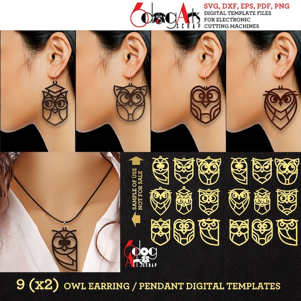 9 Owl Wood / Acrylic / Metal Earring / Pendant Templates Vector Digital SVG DXF Jewelry Files Download Laser Cutting JB-1710