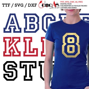 Fonte e alfabeto Varsity TTF em formato SVG/DXF para download digital, ideal para impressão, corte a laser com Cricut e sublimação (JB-389).