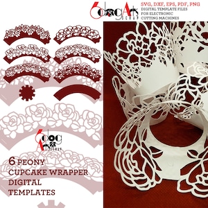 6 Peony Cupcake Wrapper Templates SVG DXF Vector Digital Files Laser Party Supplies Silhouette Cricut Paper Craft Cutting JB-2031