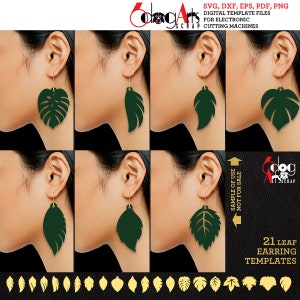 Peut inclure: Un ensemble de 21 modèles numériques pour boucles d'oreilles en forme de feuille. Les modèles sont aux formats SVG, DXF, EPS, PDF et PNG. L'image montre un modèle portant six paires de boucles d'oreilles différentes, chacune avec un design de feuille différent.