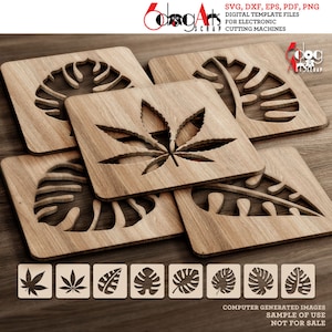 8 Monstera Cannabis Blatt Untersetzer Grill Topfuntersetzer Vorlagen Vektor Digitale SVG DXF-Dateien Download cnc Lasercutting Cricut Maker JB-1747