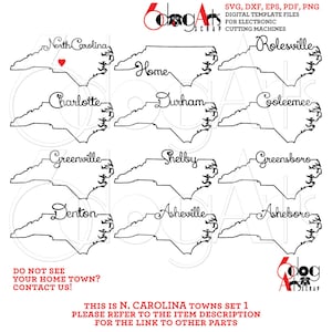Puede incluir: Una descarga digital de 12 contornos del estado de Carolina del Norte con diferentes ciudades y pueblos escritos en una fuente cursiva. Los contornos son en blanco y negro. El texto "This is N. Carolina Towns Set 1" está en la parte inferior de la imagen.