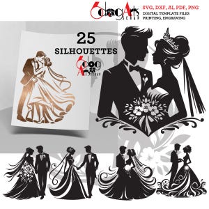 Braut Und Bräutigam Hochzeit Silhouetten Digitale SVG PNG Dateien Glowforge Lightburn Laser Gravur Druck Wasserschiebefolie Abziehbilder Download JB-2090