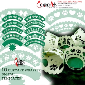 10 Hund Katze Haustier Cupcake Wrapper Vorlagen SVG DXF Vektor Digitale Dateien Laser Party Zubehör Silhouette Cricut Papierschnitt JB-1938