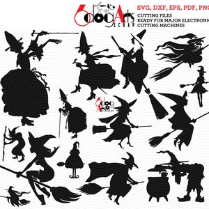 May include: A set of 12 black silhouette images of witches flying on broomsticks. The images are in various poses and include a cauldron and a witch with a cat.