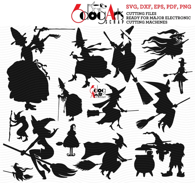 May include: A set of 12 black silhouette images of witches flying on broomsticks. The images are in various poses and include a cauldron and a witch with a cat.