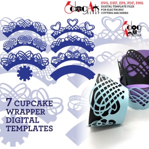 7 Modelos de Envoltório para Cupcake de Casamento em Formato de Coração SVG DXF Arquivos Digitais Vetoriais Laser Suprimentos para Festa Silhueta Cricut Corte de Papel JB-1940