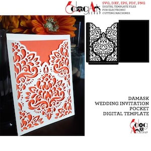 May include: A digital template for a wedding invitation pocket with a damask design. The template is available in SVG, DXF, EPS, PDF, and PNG formats.