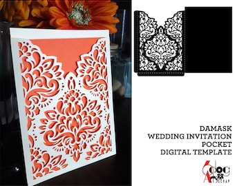 Puede incluir: Una plantilla digital para un bolsillo de invitación de boda con un diseño de damasco. La plantilla está disponible en los formatos SVG, DXF, EPS, PDF y PNG.