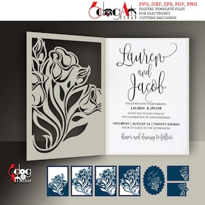 4 dubbelgevouwen, 1 plat, 2 RSVP tulp bloem kaartsjablonen digitale SVG dxf-bestanden bruiloft uitnodiging download laser Cricut papier snijden JB-1295