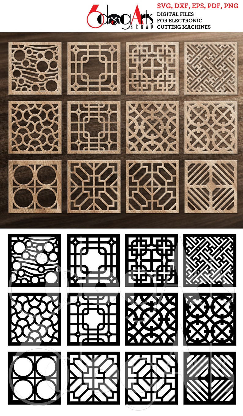 May include: Wooden and black square laser cut designs with various geometric patterns. The designs are for electronic cutting machines. The image includes the text "SVG, DXF, EPS, PDF, PNG DIGITAL FILES FOR ELECTRONIC SCRAP CUTTING MACHINES."