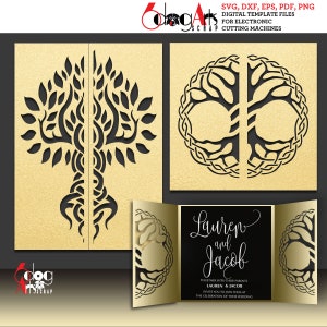 2 modelos de cartão de dobradura de árvore celta, corte digital, arquivos SVG DXF, convite de casamento, corte a laser, download, silhueta, Cricut JB-1715