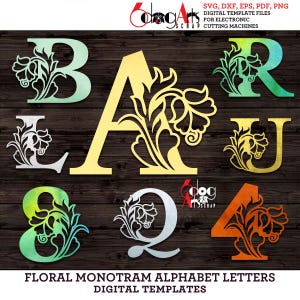 A-Z Flor Monograma Alfabeto Letras y Números SVG DXF Imágenes Digitales Vinilo Metal Papel Corte Cricut cnc Láser Descargar JB-1903