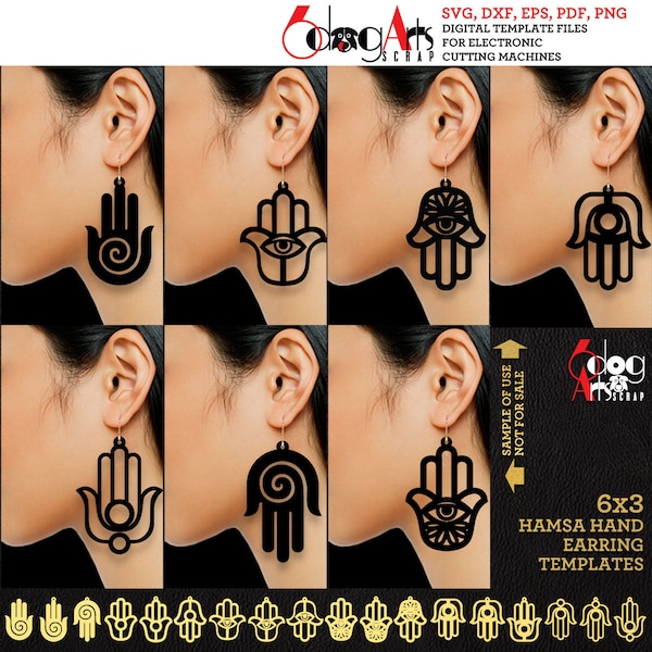 6(x3) Hamsa Hand Wood / Acrylic / Metal Earring / Pendant Templates Vector Digital SVG DXF Jewelry Files Download Laser Cutting JB-1826