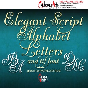 Può includere: Immagine con il testo "Elegant Script Alphabet Letters" in un carattere decorativo. L'immagine include anche il testo "TTF, SVG, DXF, EPS, PNG DIGITAL TEMPLATE FILES FOR ELECTRONIC CUTTING MACHINES" e "great for MONOGRAMS". Lo sfondo è verde acqua.