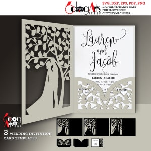 3 Hochzeitseinladung Baum Schriftrolle Kartenvorlagen Digitale SVG DXF-Dateien Sofortiger Download Laser Silhouette Cricut Schneiden JB-1559a