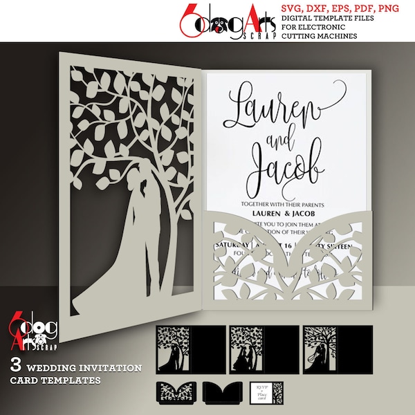 3 Wedding Invitation Tree Scroll Card Templates Digital SVG DXF Files Instant Download Laser Silhouette Cricut Cutting JB-1559a