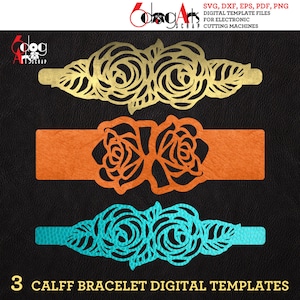 May include: Three digital templates for a calf bracelet featuring a double rose design. The designs are in gold, orange, and turquoise.