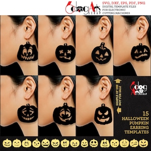 Puede incluir: Quince plantillas digitales para pendientes de calabaza de Halloween. Las plantillas son negras y presentan diferentes caras de calabaza. El texto "SAMPLE OF USE NOT FOR SALE" es visible en la imagen.