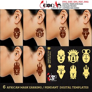 6 Afrikanische Maske Holz/Acryl/Leder Ohrring/Anhänger Vorlagen Vektor Digital SVG DXF Schmuckdateien Laser Cut JB-1110