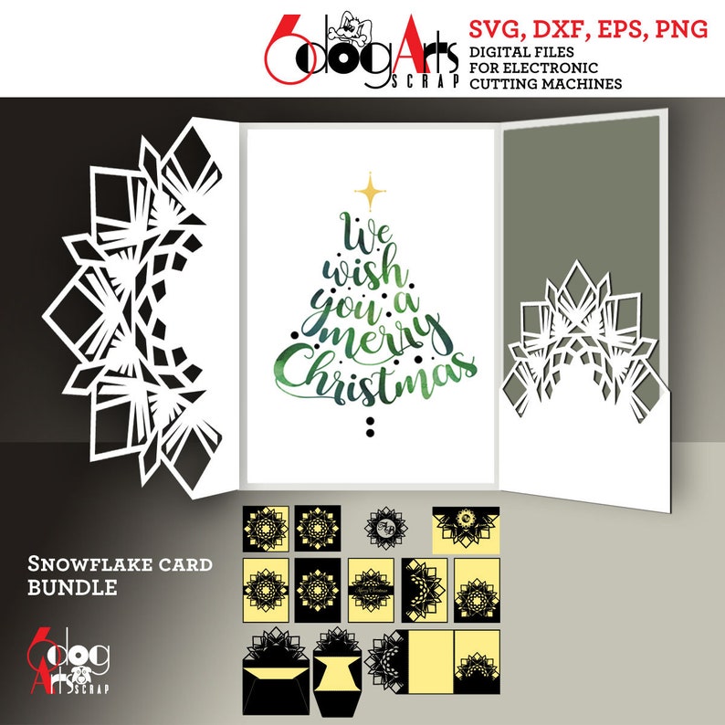 May include: A white Christmas card bundle with snowflake cutouts and a Christmas tree design. The card reads "We wish you a Merry Christmas" in green and blue watercolor lettering. Includes SVG, DXF, EPS, and PNG digital files.