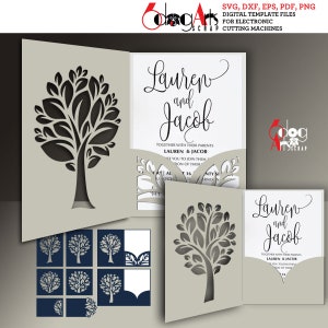 4 Tree Scroll Card w/ Pocket & 2 RSVP Card Templates Digital SVG Files Wedding Invitation Download Laser Silhouette Cricut Cutting JB-1496