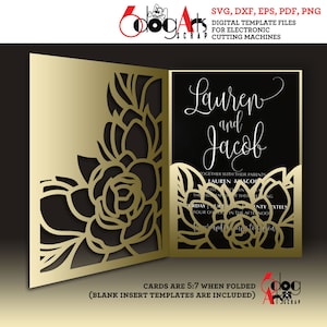 Bi-Fold Magnolia Lace Kartenvorlage Digitale SVG DXF-Dateien Schneiden Hochzeitseinladung Briefpapier Laser Download Silhouette Cricut JB-1820