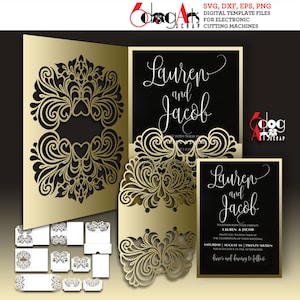 Hochzeitseinladung Schriftrolle Spitze Kartenvorlagen Digitale Vektor-DateienSvg Dxf Eps Png Pdf Silhouette Cricut Download Papierschnitt JB-896n