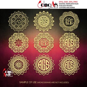 May include: Nine gold mandala designs with different letter combinations in the center. The designs are perfect for crafting and creating personalized projects.