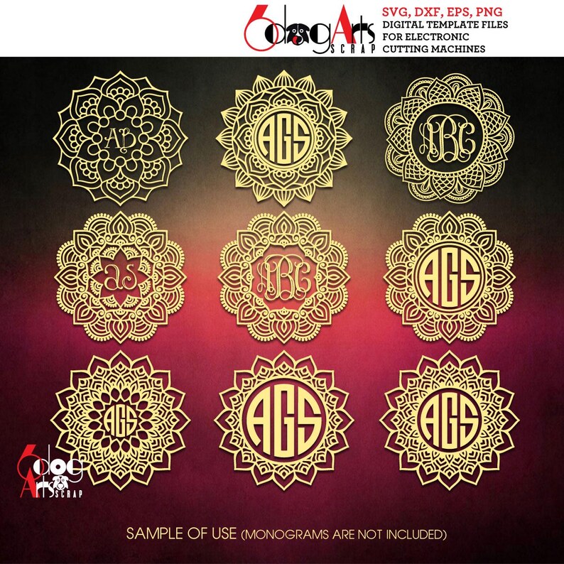 May include: Nine gold mandala designs with different letter combinations in the center. The designs are perfect for crafting and creating personalized projects.