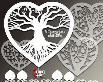 8 Tree Heart Card Templates Digital Cut SVG DXF Files Laser Tree of Life Cuttable Download Vinyl Iron On Transfer Silhouette Cricut JB-891