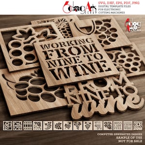 14 Uva Vinho Bebida Madeira Base de Madeira Trivet Decoração de Parede Modelos Vetor Digital SVG DXF Arquivos Download GlowForge Corte a Laser Cricut JB-1655