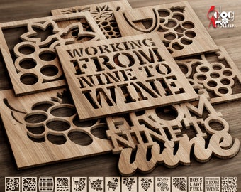 14 Grape Wine Drink Wood Coaster Trivet Wall Decor Templates Vector Digital SVG DXF Files Download GlowForge Laser Cutting Cricut JB-1655